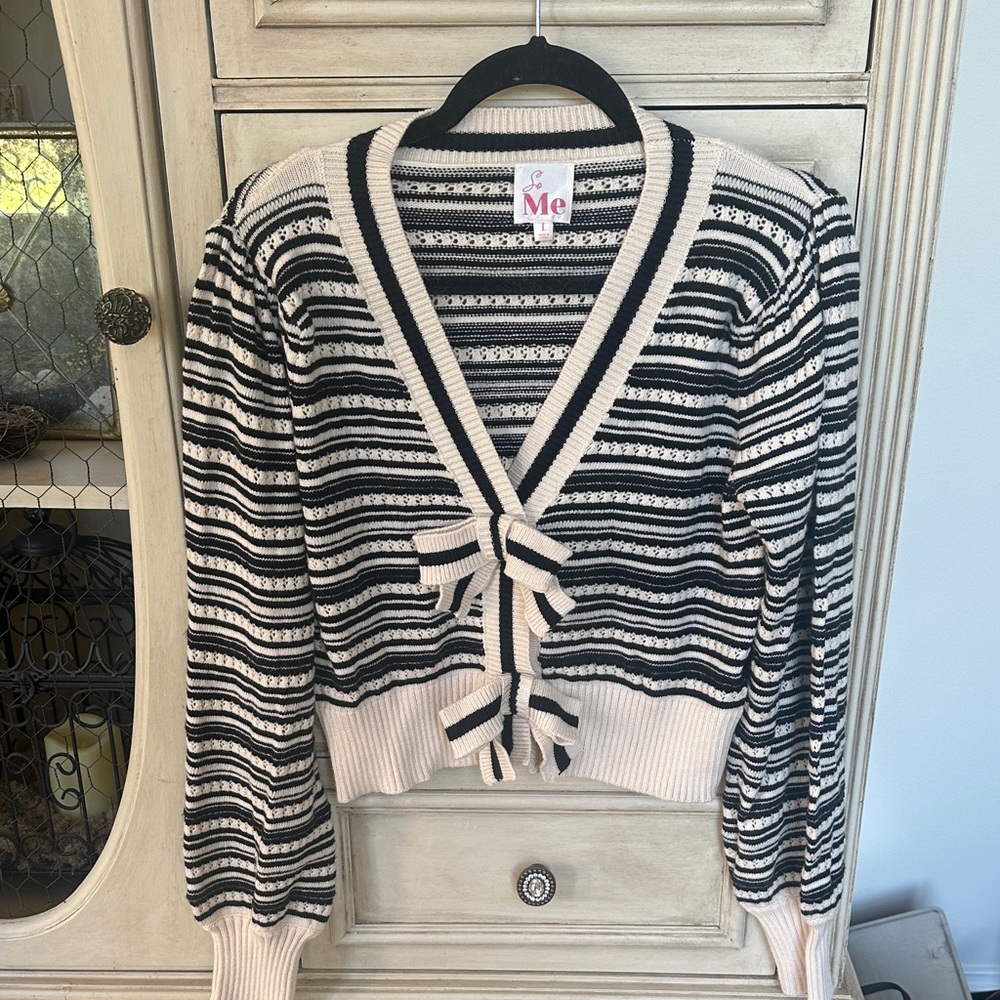 ME Makeover Essentials Women's Striped Cardigan with Bow Detail